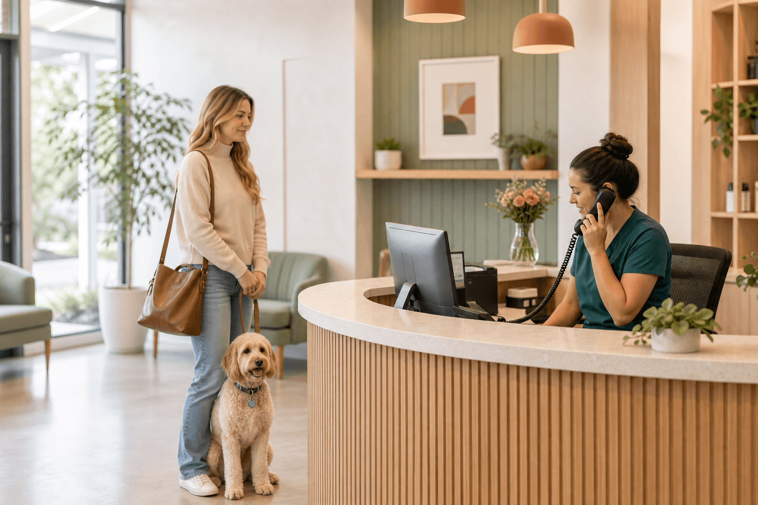 Veterinary front desk helping a pet owner while answering calls